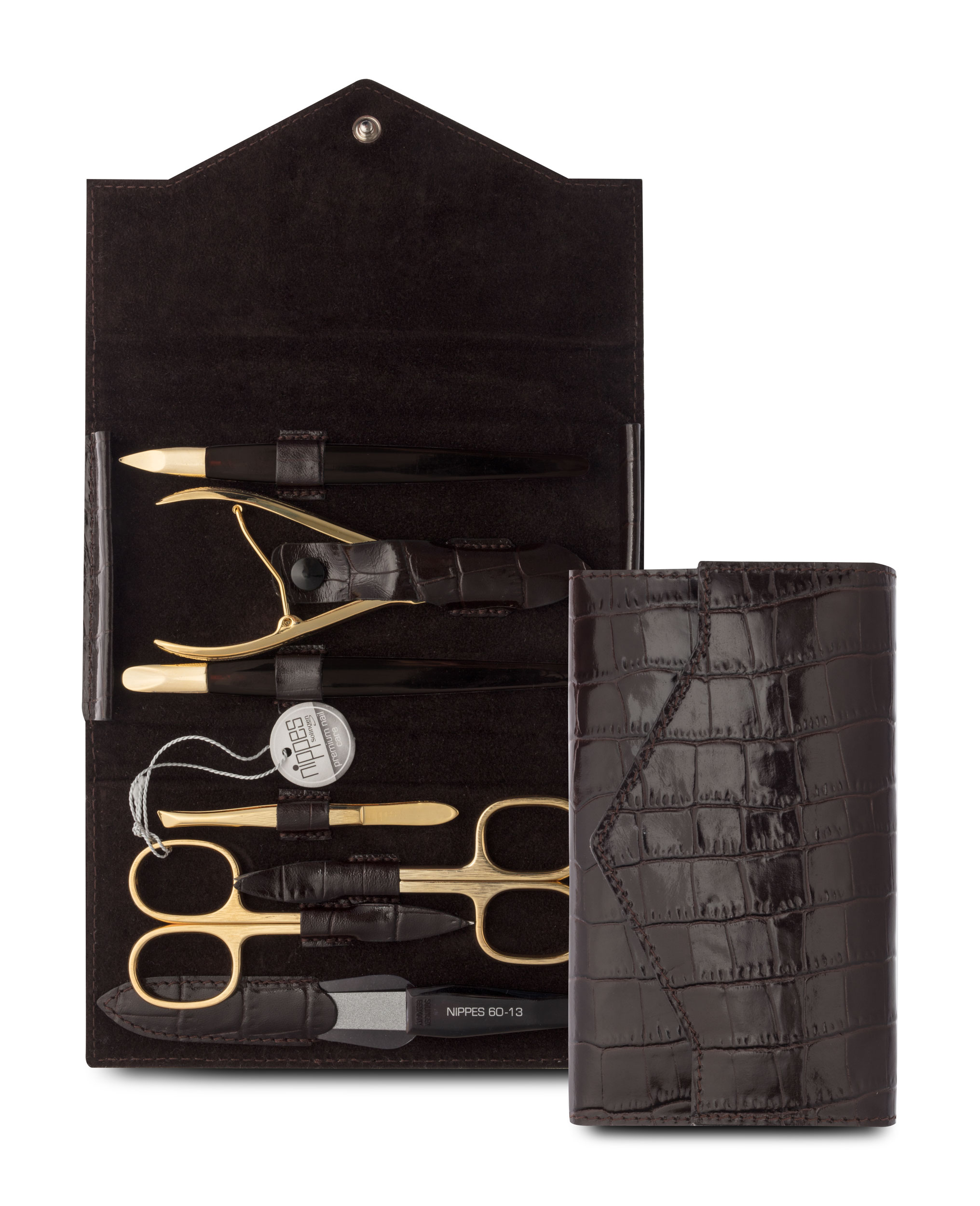 Nippes CROCO, Maniküre-Set, 7-tlg. Instrumente vergoldet, Leder-Etui, Krokoprägung, dunkelbraun