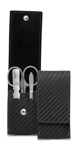 Maniküre-Set KARBON, schwarz, Leder-Etui, mit 3 rostfreien Nippes Maniküre Instrumenten